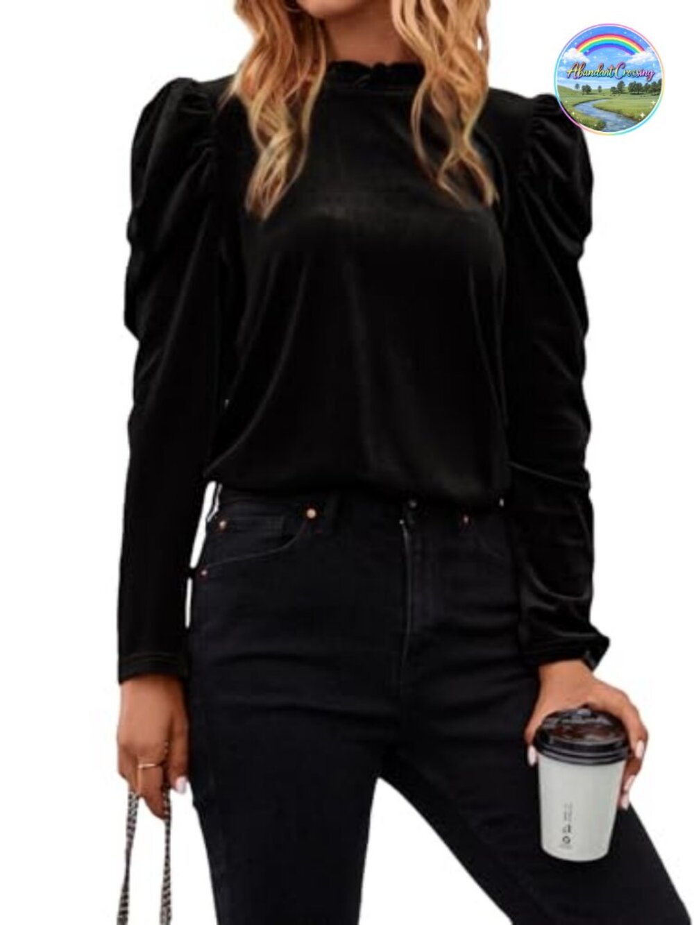 Puff Long Sleeve Mock Neck Velvet Party Blouse Top